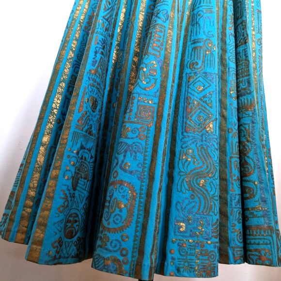 1950s MAYA de MEXICO Mayan Hieroglyph Hand Painted Aqua/Gold Circle Skirt sz. XS - Picture 13 of 14